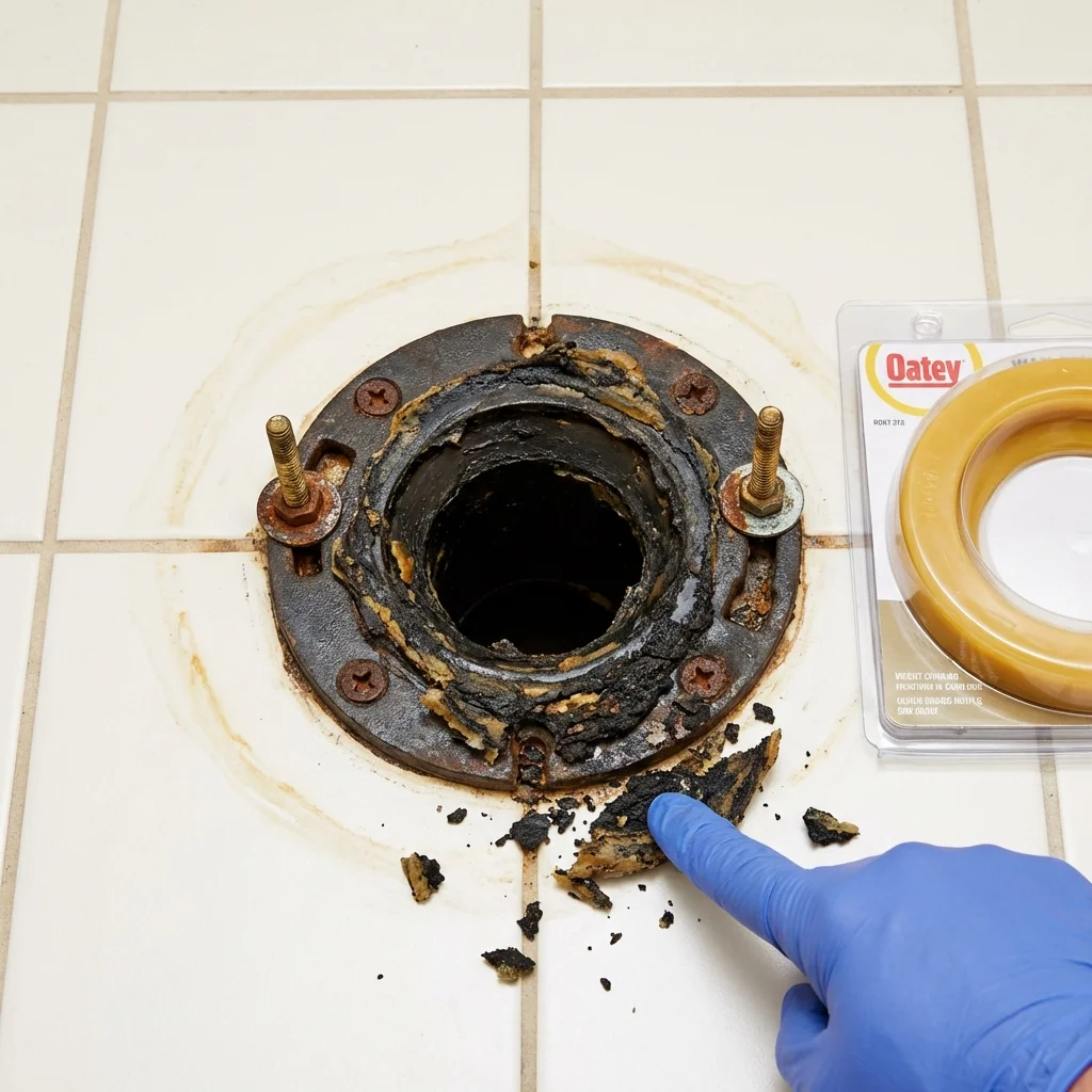 Failed wax ring showing water seepage at the base of a toilet in a Lincoln, NE home