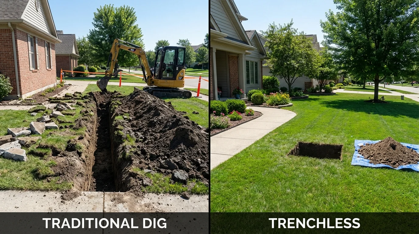 Trenchless sewer repair with minimal yard damage versus traditional excavation in Lincoln, NE
