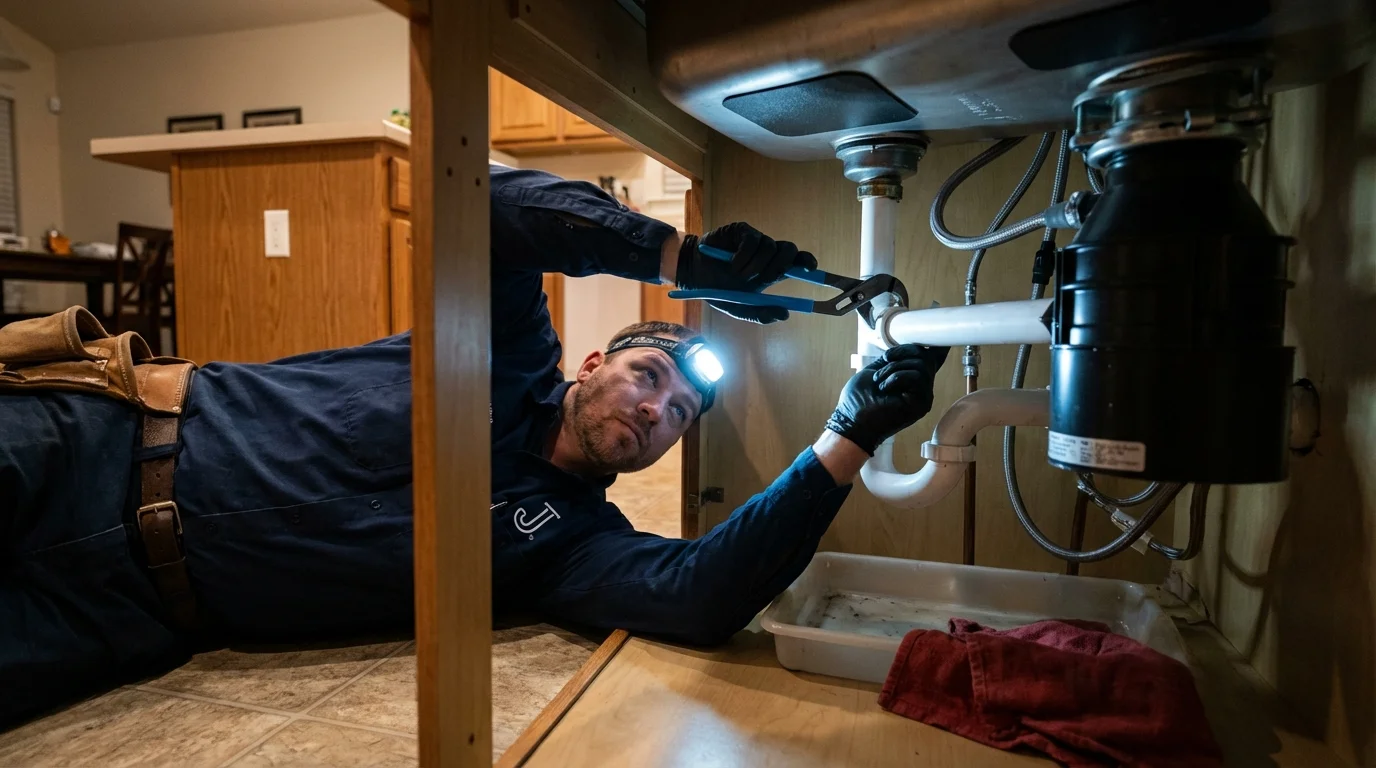 P-trap and supply line connections under a kitchen sink showing a common leak point in Lincoln, NE